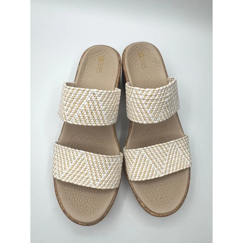 Bzees Womens Cream Tan Woven Double Strap Cork Wedge Sandals Size 8